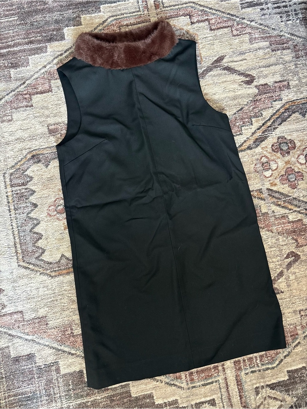 Divided Black Shift Dress with Brown Faux-Fur Collar